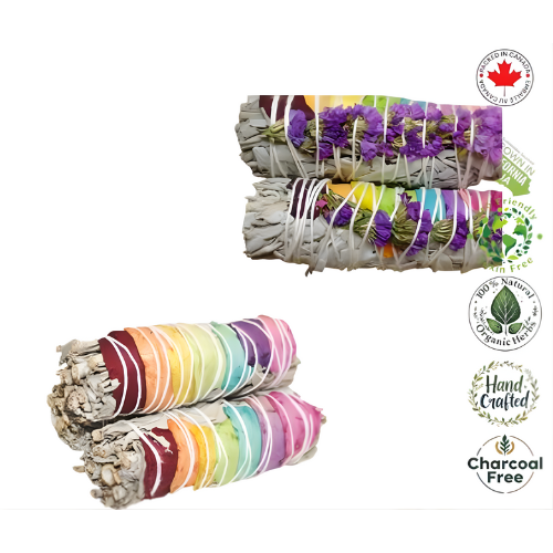 Organic Seven Chakras Sage W/ Rose Petals 4” (Packaged 3 pcs/ Bag with Header Card)
