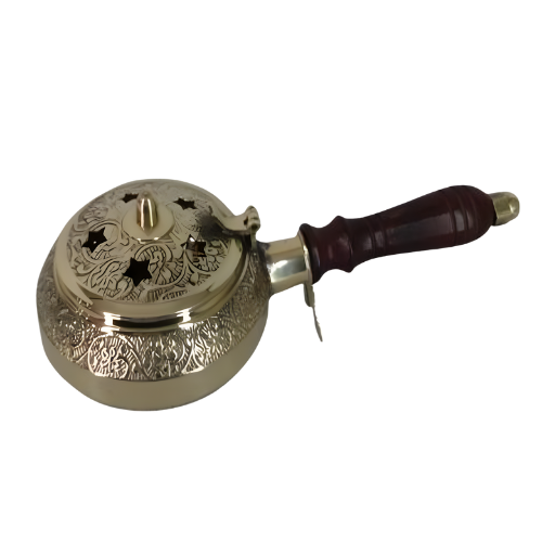 Brass Charcoal Burner With Wooden Handle Stars And Emboss Design